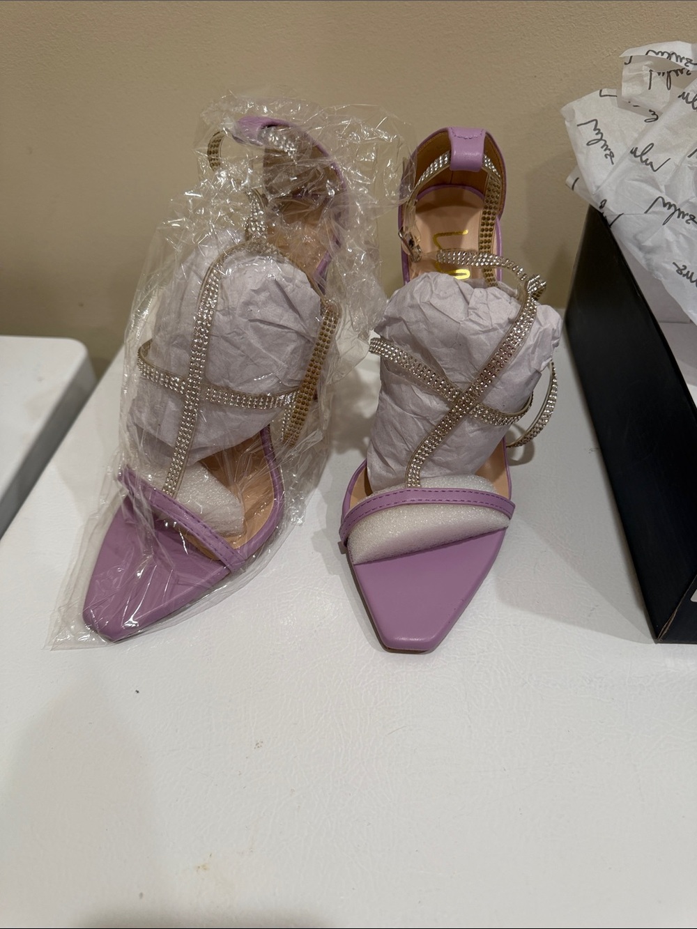 Lulu's Lilac Crystal-Strap Pointed Toe Heels
